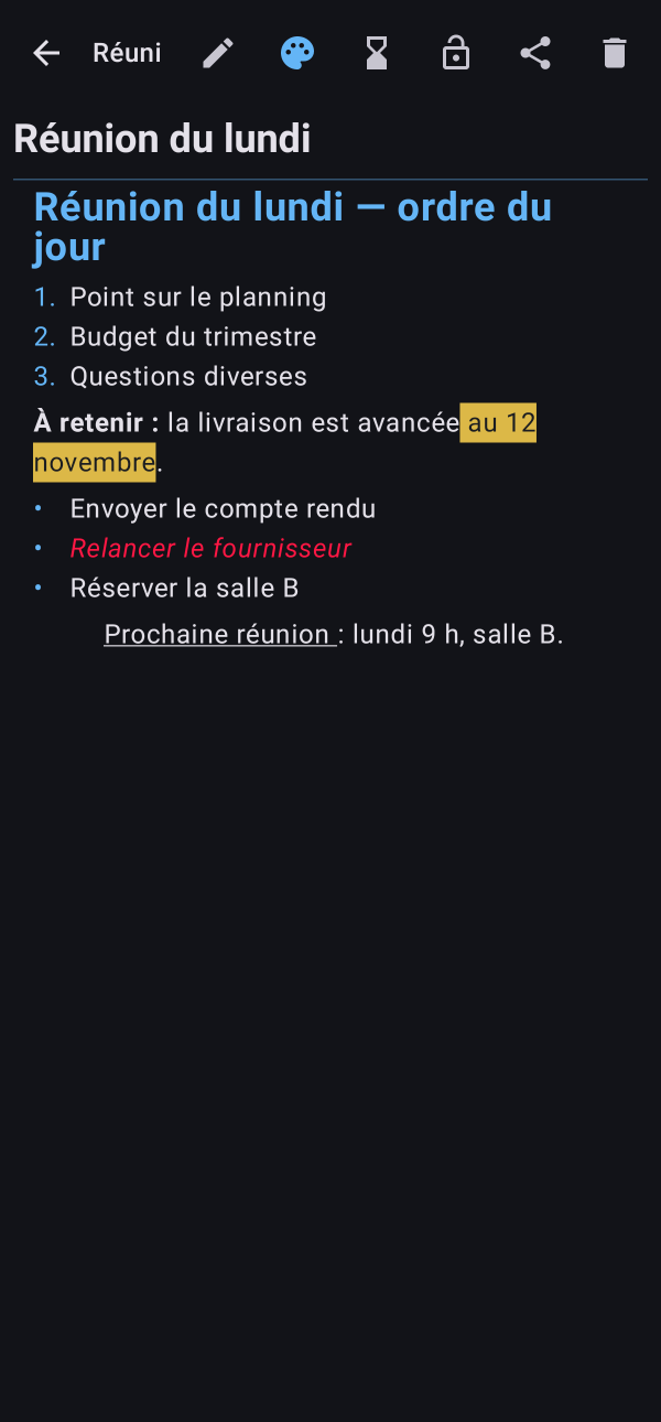 Une note mise en forme, en lecture : titre en couleur, liste numérotée, surligneur, puces