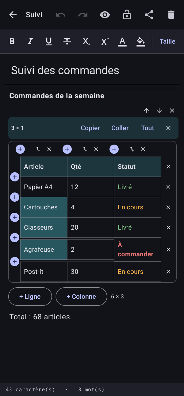Un tableau de suivi des commandes, statuts en couleur, trois cellules choisies et le bandeau Copier, Coller, Tout