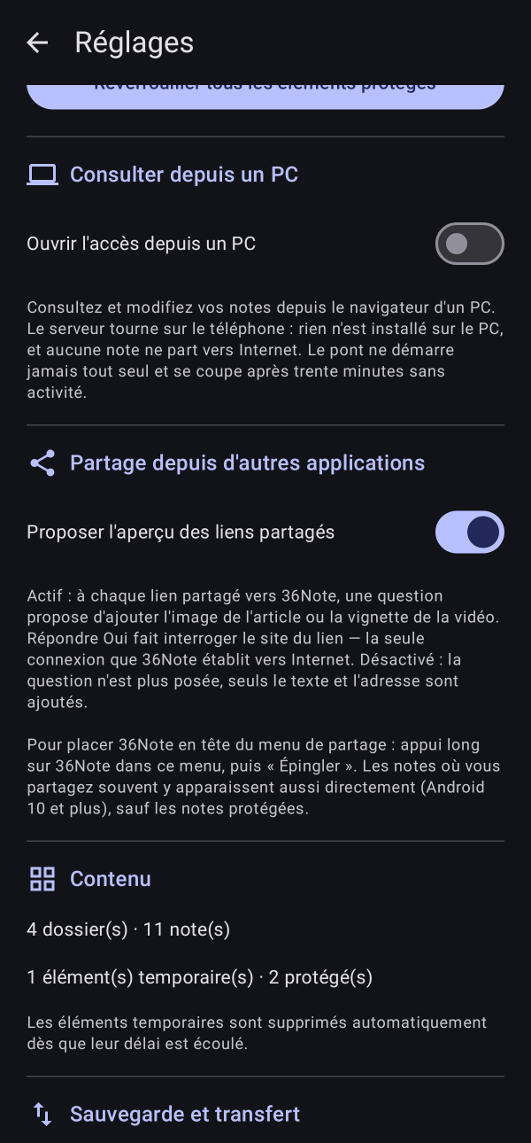Les réglages : la bascule Ouvrir l'accès depuis un PC et l'option d'aperçu des liens partagés