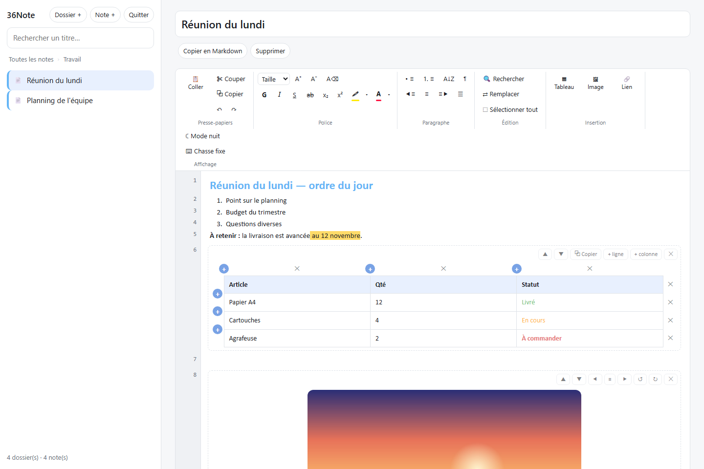 L'interface web de 36Note dans le navigateur d'un PC : liste des notes, ruban façon Word, note avec liste numérotée, surligneur, tableau et image